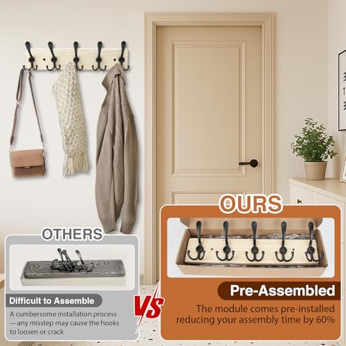 Wooden Coat Rack Wall Mount Heavy Duty, 2 Pack Coat Hanger Wall Mount with 5 Triple Hooks for Clothes, Jacket, Hat, Keys, Space Saving Entryway Organizer for Mudroom (Natural Plate & Black Hooks) - color: Natural Plate & Black Hooks
