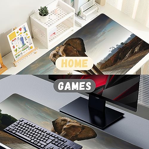 Extended Gaming Mouse Pad Elephant Walking in Road Large Mousepad with Stitched Edges,Anti-Slip Rubber Base Keyboard Mouse Mat Desk Pad for Gaming Home Office 35.4 x 15.7 inches - color: Elephant Walking in Road