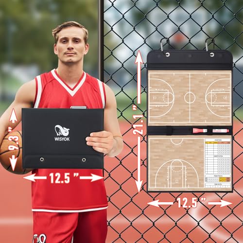 WISYOK Basketball Lineup Board, Magnetic, Foldable | 48 Cards, 2 Markers, Leather Covered, Portable Clipboard for Coaches, Game Strategy and Training - style: Basketball Leather