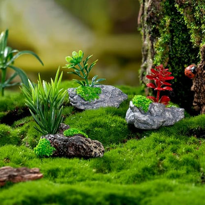 Kai Dream Miniature Fake Stone Rocks, Trees Stumps with Plants -7 Piece Decorative Landscape Ornaments for Fairy Garden Accessories, Zen Garden, Diorama