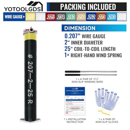 Right Hand Wind（Red Cone）2" Garage Door Torsion Spring with Non-Slip Winding Bars & Gloves, High Precision Electrophoresis Black Coated, for Replacement, MIN 16,000 Cycles (0.207x2''x25'') - size: 0.207X2"X25"-R
