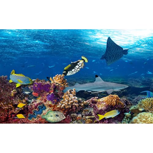Under The Sea Aquarium Background Colorful Coral Reef Marine Life Ocean Fish Tank Background Deep Blue Sea Tropical Fish Sunbeams Terrarium Backgrounds Seabed Seascape Backgrounds for Aquarium 24x12in - color: Ocean Dark Blue, size: 24(W)x12(H)in