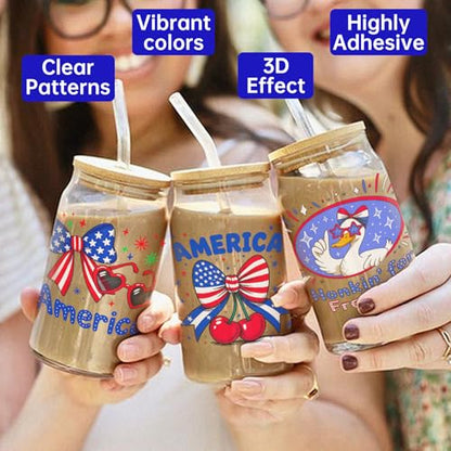 4 PCS Watercolor 4th of July UV DTF Cup Wrap, Rub on Transfer Stickers for 16oz Glass Mugs, High Viscosity Permanent UV DTF Sticker, Coffee Cups, Water Bottles and Personalized Crafts - style: Watercolor 4th Of July