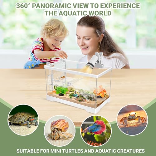 GOZILLA Mini Aquatic Turtle Tank Kit with Adjustable Lamp,PC Turtle Tank Starter Kit,Small Hermit Crab Tanks with Lid, Hanging Platform for Baby Turtles,Crabs,Fish.(11.8×7.24×7.1''/White Kit) - color: Mini-White01