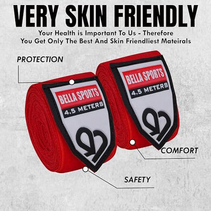 Bella Sports Boxing Hand Wraps Cotton Elastic Wrist Wraps for Men Women MMA Muay Thai Kickboxing Handwraps with Thumb Loop Hook and Loop Closure Training Support - color: Red