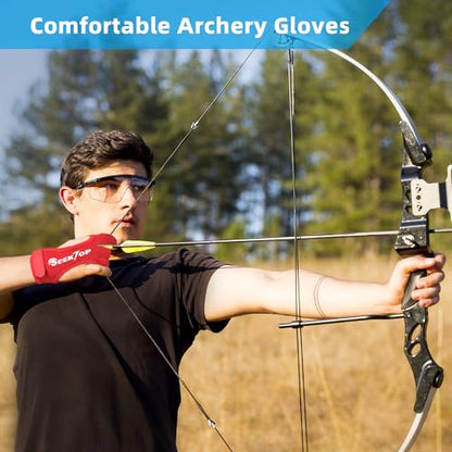Seektop Archery Gloves Shooting Hunting Leather Three Finger Protector - color: Red, size: Large