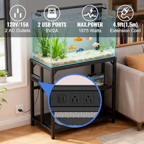 40 Gallon Fish Tank Stand with Power Outlets and Adjustable Shelf, 660LBS Capacity Metal Aquarium Stand for Turtle Tank, Reptile Terrarium and Breeder Tank, Suitable for Home Office, Black - color: Black
