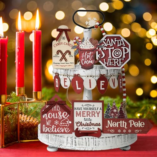 Smile Christmas Indoor Decoration, Tiered Tray Decor Set Wooden Centerpiece, We Believe Tabletop Wooden Decoration for Xmas Home - style: Christmas Rustic