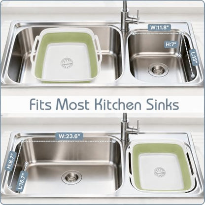 2.4 Gal(9L) Collapsible Dish Basin with Drain Plug, Space Saving Outdoor Multiuse Foldable Sink Tub, Dishpan, Kitchen Storage Tray for Camping, Vegetable Washing, RV (Green) - color: Green