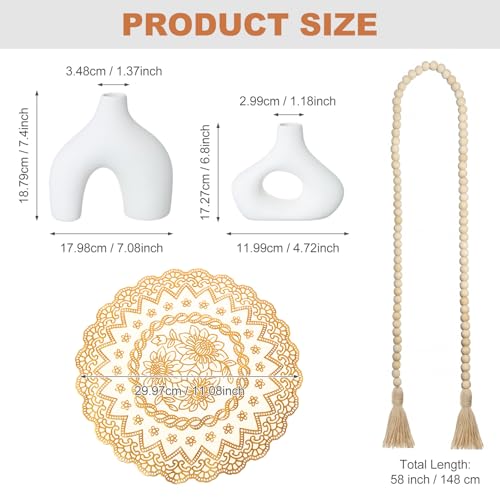 4 Pcs Rustic Country Tabletop Centerpieces Set of 2 Boho Ceramic Flower Vases Wooden Beads Garland and Gold Round Placemats for Farmhouse, Boho Home Coffee Table Decor