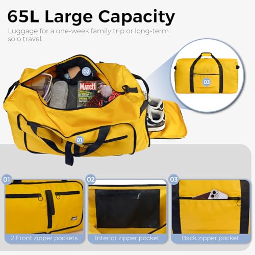 Fmeida 65L Duffle Bag Foldable Travel Duffel Bags for Men Women Travel Bag - color: Glossy Yellow