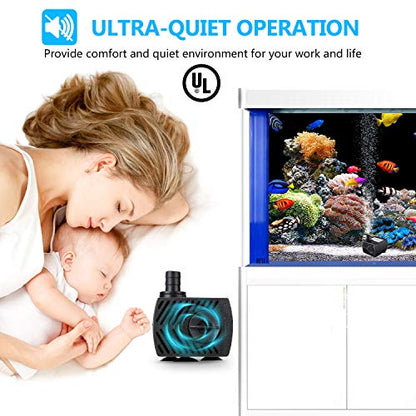 Fountain Pump, 80GPH(4W 300L/H) Submersible Water Pump, Durable Outdoor Fountain Water Pump with 4.9ft Tubing (ID x 1/3-Inch), 3 Nozzles for Aquarium, Pond, Fish Tank, Water Pump Hydroponics