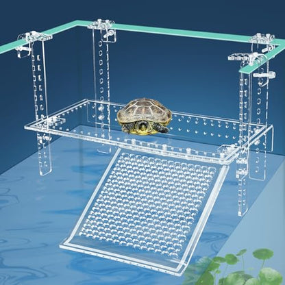 Hanging Turtle Dock Turtle Tank Accessories Adjustable, Large Basking Platform with Freely Installable Climbing Ramps for Aquatic Turtles Sturdy, Wobble-Free Design in Acrylic Material (15") - size: 15 x 8.1 Inch