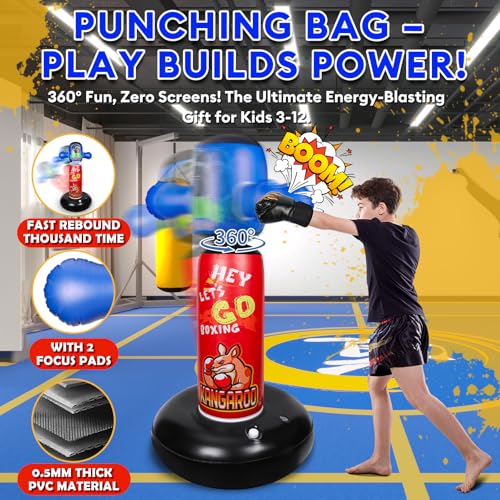 Punching Bag for Kids with 360° Rotating Head, Hyperzoo 63" Heavy-Duty Inflatable Boxing Bag with Glove, Freestanding Punching Bag Toy for Boys & Girls Ages 5–12 – Great - style: Kangaroo