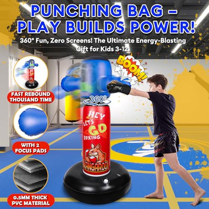 Punching Bag for Kids with 360° Rotating Head, Hyperzoo 63" Heavy-Duty Inflatable Boxing Bag with Glove, Freestanding Punching Bag Toy for Boys & Girls Ages 5–12 – Great - style: Kangaroo