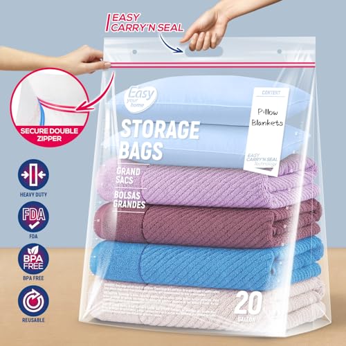 20 Gallon Jumbo Zipper Lock Plastic Bags with Handle and bottom,24" x 31"+7",Jumbo Size Reusable Storage Bag with Double Zip for Clothing,Travel,Moving,Beach,BPA-Free,3.15-Mil Thick