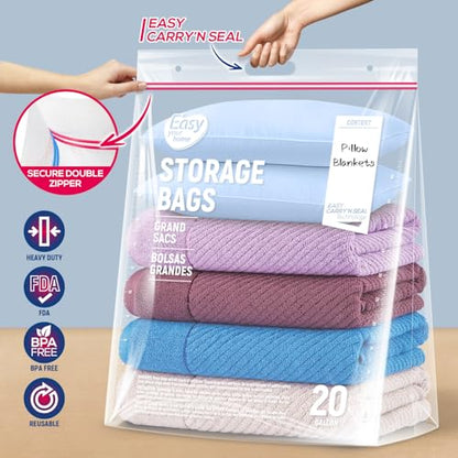 20 Gallon Jumbo Zipper Lock Plastic Bags with Handle and bottom,24" x 31"+7",Jumbo Size Reusable Storage Bag with Double Zip for Clothing,Travel,Moving,Beach,BPA-Free,3.15-Mil Thick