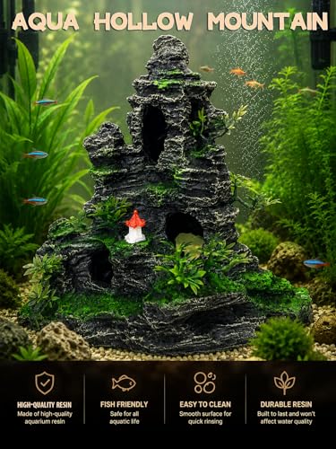 Aquarium Decor - Tall and Large Mountain Rock Ornament for Fish Tank, Aquarium Hideout with Rock Texture for Betta, Guppy, Shrimp - Aquatic Hide Decoration, Fish Hiding House（Red Tower）