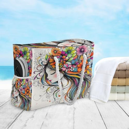 senya Large Beach Bags Totes Canvas Tote Shoulder Bag Soft Wave Water Resistant Bags for Gym Travel Daily Ocean - color: Girl With Flowers