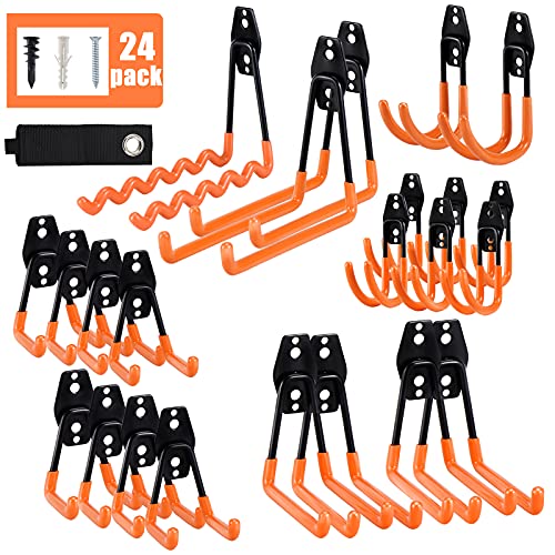 AOBEN 24PCS Garage Hooks, Heavy Duty Double Garage Hanger Organizer Wall Mount Iron Anti-Slip Garage Storage Hooks for Ladder, Power Tool,Bike,Ropes（23 Hooks & 1 hoder Strap-Orange - size: 24PCS OR