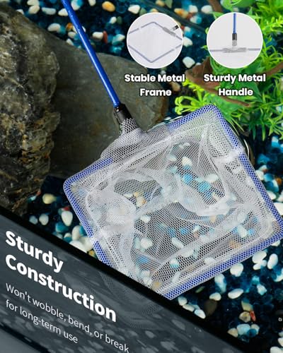 Pawfly Fish Net for Fish Tank, Fish Tank Net, Aquarium Net with Metal Handle and Plastic Mesh, Small Fish Net Minnow Net for Small Ponds, Freshwater and Saltwater, 3.8" x 3.3"