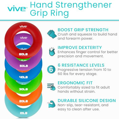 Vive Hand Strengthener Grip Ring - Forearm Ring Hand Exercisers - Silicone | Squeezer Gripper for Muscle Strengthening Training Tool - Arthritis Finger Physical Therapy PT Kit Trainer - color: Multicolor (6 Pack)