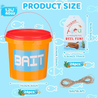 24 Sets Fishing Party Favors Small Fish Bait Bucket 1.2l Candy Bucket with Lids and Thank You Cards for Making My Reel Fun Fishing Theme Birthday Party Decorations