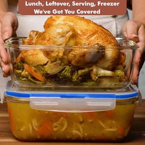 Razab 4 PC 1860ml / 63 Oz / 8 Cups Large Glass Food Storage Containers with Lids - Glass Meal Prep Containers for Roasting & Storing Leftover, Lunch Container with Lids, Microwave & Oven Safe - color: Blue