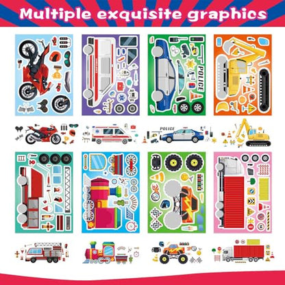 DUJAA 24 Sheets Vehicle Stickers for Kids, Make Your Own Police Car, Ambulance, Truck, Train, Motorcycles Engineering Vehicle Stickers for Toddlers, Brithday Party Supplies Classroom Teacher Reward - style: Vehicle