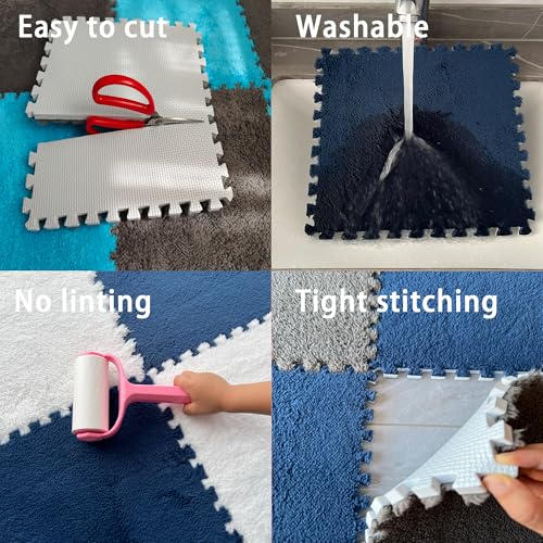Interlocking Carpet Shaggy Soft EVA Foam Mats Fluffy Square Thickened Plush Tiles Protective Floor Tiles Exercise Play Mat for Children Kids Room Home Parlor Bedroom (Grey, 12 Pcs) - color: Grey