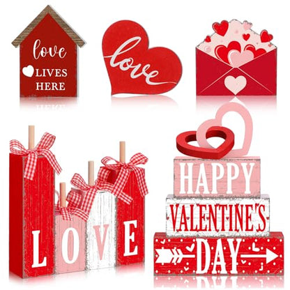 11 Pcs Valentine's Day Table Decorations Red Heart Tiered Tray Decor Love Centerpiece Pink Wooden Books Home Table Top Decor for Wedding Party Supplies - style: Love