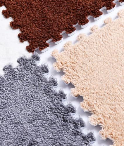 10 Pieces Plush Puzzle Play Mat 12''x12''x0.4'' Interlocking EVA Foam Mats,Shaggy Fluffy Carpet Floor Tiles Non-Slip Protective Floor Area Rug (Beige Grey) - color: Beige Grey