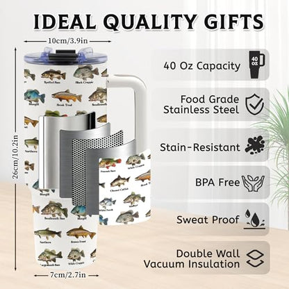 Fishing Coffee Mug, Fish Gifts for Dad, 40oz Tumbler, Fishing Gifts for Men with Handle and Straw, Christmas, Thanksgiving, Birthday Gifts for Fisherman, Party Supplies, Stainless Steel Cup