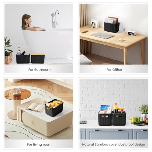 4 Packs Storage Bins with Bamboo Lids - Plastic Storage Containers with Lids Stackable Storage Box: Storages Baskets for Organizing Desktop Closet Playroom Classroom Office, Black