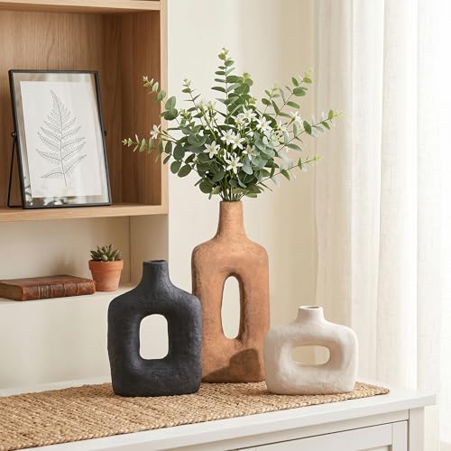 DREAMLOOM Ceramic Vase Set of 3, Modern Rustic Flower Vases for Pampas Grass, Dried & Fresh Flowers, Farmhouse Decorative Vase for Living Room Bedroom Kitchen Shelf Centerpiece, Rust