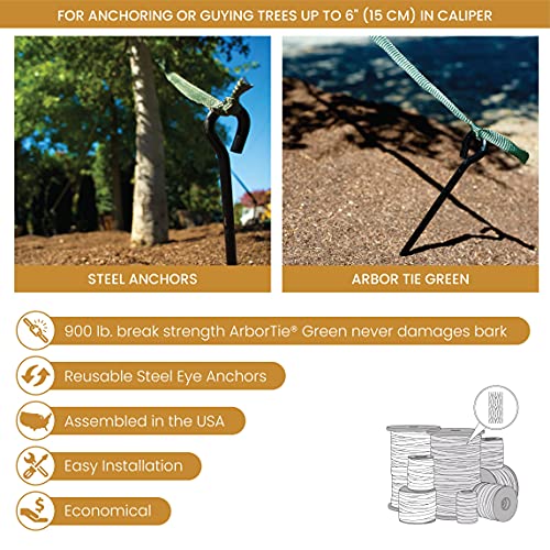 DeepRoot ArborTie Heavy-Duty Ground Anchoring Kit for Tree Support, Includes Three 10’ ArborTie Green and Three 15” Steel Eye Earth Anchors, Versatile Tree Stake Kit, Landscaping Stakes (AT HD15)