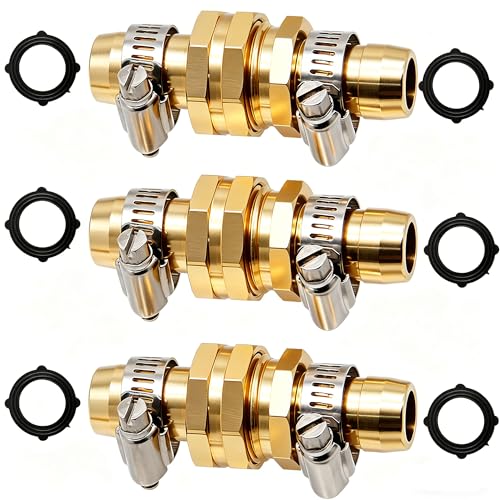 Garden Hose Repair Connector with Clamps, Set of 3 Aluminum Water Hose End Replacement Fit for 3/4" and 5/8" Garden Hose Fittings - color: 3 Sets - Brass