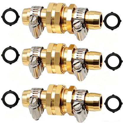 Garden Hose Repair Connector with Clamps, Set of 3 Aluminum Water Hose End Replacement Fit for 3/4" and 5/8" Garden Hose Fittings - color: 3 Sets - Brass