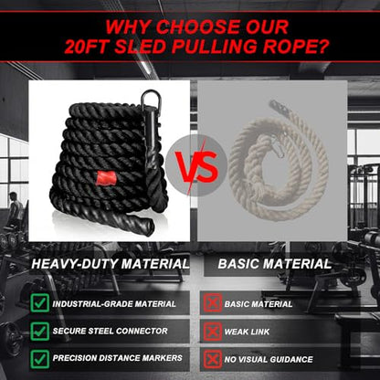 J Bryant Weighted Sled Pull Rope with 3m Interval Markers, Braided Polyester Training Rope with Storage Bag & Carabiner for Home Gym Conditioning - size: 20FT