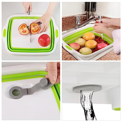 2 Pack Collapsible Cutting Board, Foldable Dish Tub with Draining Hole, Portable Chopping Board with Colander, 3 in 1 Multifunction Camping Sink for Washing Dish, Bowl, Vegetables and Fruit - color: White/Green and White/Grey