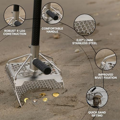 Sand Scoops for Beach Metal Detecting Stainless Steel Beach Metal Detecting Shovel Underwater Treasure Hunting, Metal Detector Accessories(Bag + Scoop + Carbon Fiber Handle), (11x7 + Handle) - size: 11 x 7 in + Handle