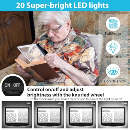 Rechargeable 5X Magnifying Glass for Reading, Large Bright Full Page Magnifier with Light, Handheld LED Dimmable Lighted, Lightweight Book Magnifier for Reading Small Prints Seniors Low Vision