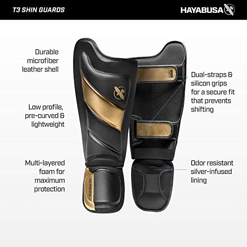 Hayabusa T3 Striking Shinguards - Men and Women | MMA Protection, Muay Thai Kickboxing, Sparring Pads, Martial Arts Gear, Adjustable Straps, Impact Padding, Elastic Fit - color: Black/Gold, size: Small