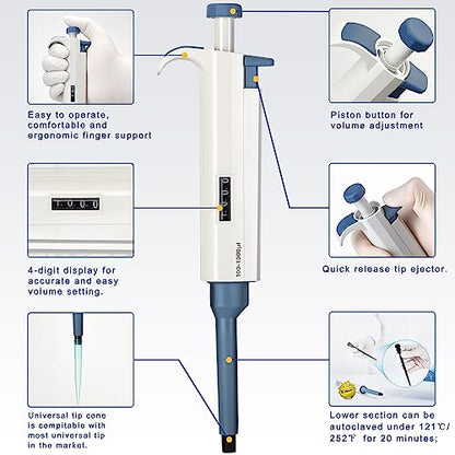 Micropipette kit, 0.5-10ul 10-100ul 100-1000ul, Adjustable Single Channel Pipette, 3 Pieces, Pipette Stand, 3 Racks of sterile Pipette Tips (SC Pipettors-3pcs-Set A) - style: Kit of Pipettors and tip 0.5ul-1000ul