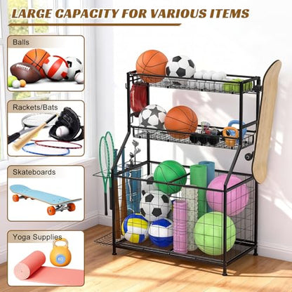 Heavy Duty 3-Tier Sports Equipment Organizer, Large Capacity Garage Storage Rack with 5 Removable Mesh Baskets, Lockable Casters, Bat Holder & Hooks for Balls, Rackets, Gear in Home, Gym, Sc
