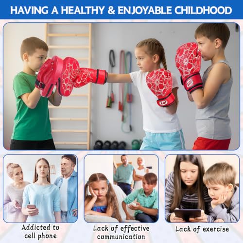 Boxing Gloves and Punching Mitts Set 4oz Gloves Boxing Pads Kids Youth Sparring Gear Training Equipment for Taekwondo Kick Karate Muay Thai MMA Martial Art - style: Red Spider