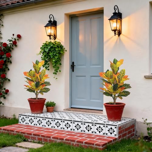 UV-Resistance 35inch Artificial Croton Plant, 2 Pack Fake Croton with Ground Spike, Faux Fiddle Leaf Fig Tree for Outdoor Home Decor