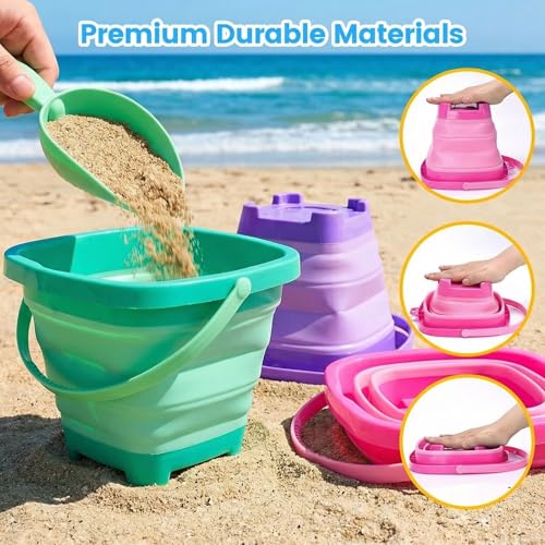 3 PCS Collapsible Bucket Set, Foldable Beach Buckets with Shovels, Travel Sand Toys for Kids Outdoor, Beach Vacation Essentials, Camping Traveling, Fun Summer Activities