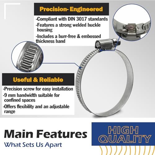 10 Pack SAE Size 6 Stainless Steel Hose Clamps, German Style Embossed Worm Gear Clamp, Adjustable 1/2 to 7/8 inch (12-22mm) for Garden Water Hose Pipe