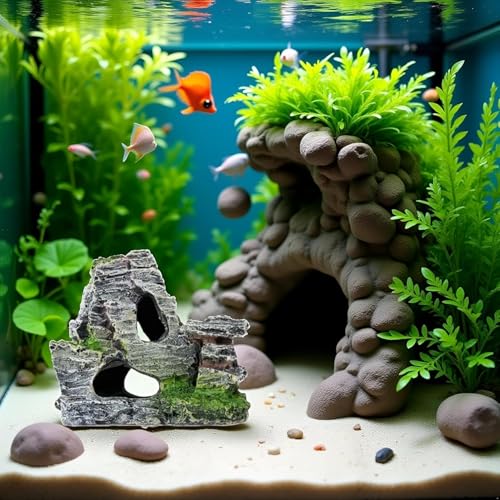 Resin Aquarium Mountain Decor with Moss Rock Cave - Multi-Level Terrain for Fish Tank Landscaping, Natural-Looking Rockery Design with Hidden Cave and Crevices for Shrimp,Reptile Habitat Aquascaping